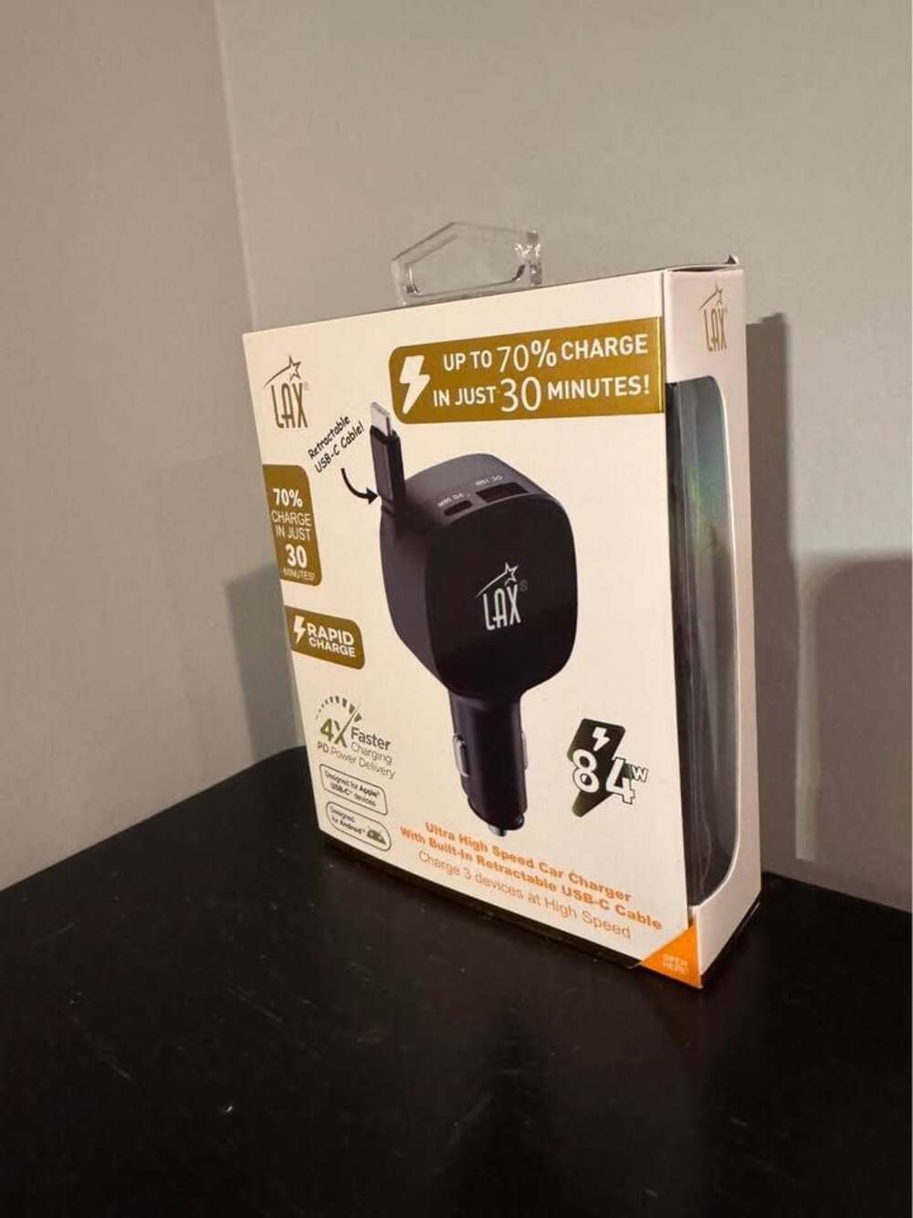LAX 84W Rapid Car Charger with Retractable USB-C Cable